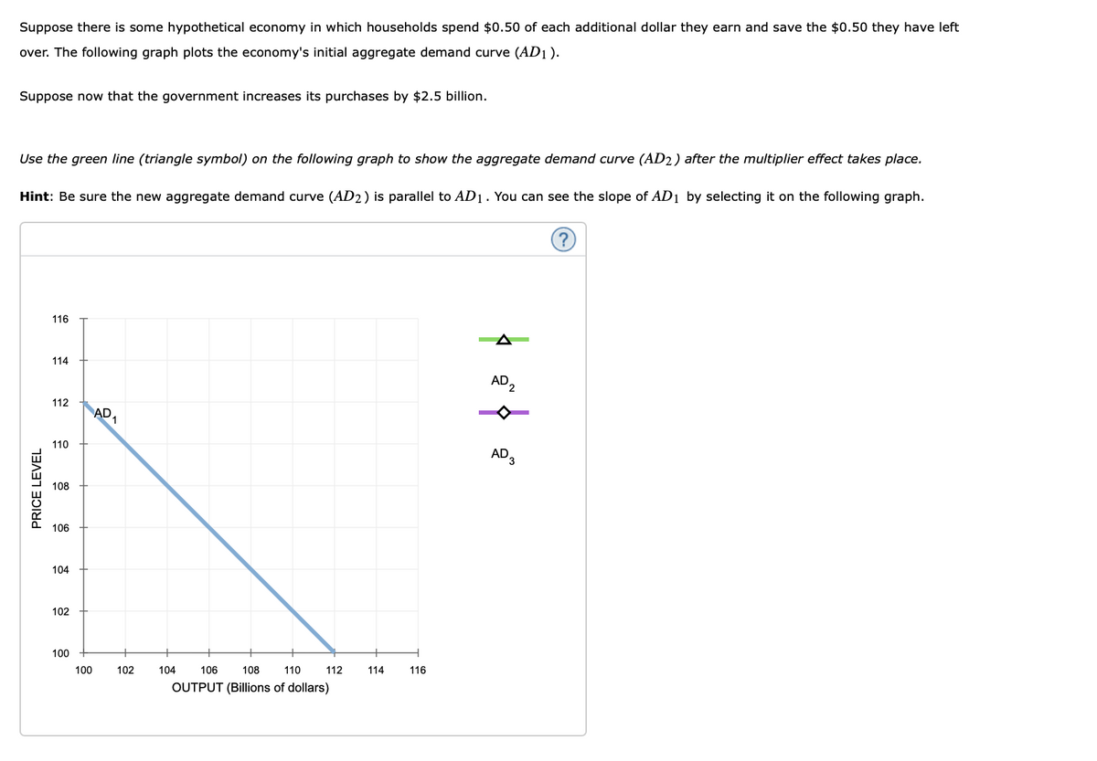 Suppose there is some hypothetical economy in which households spend $0.50 of each additional dollar they earn and save the $0.50 they have left
over. The following graph plots the economy's initial aggregate demand curve (AD1).
Suppose now that the government increases its purchases by $2.5 billion.
Use the green line (triangle symbol) on the following graph to show the aggregate demand curve (AD2) after the multiplier effect takes place.
Hint: Be sure the new aggregate demand curve (AD2) is parallel to AD1. You can see the slope of AD1 by selecting it on the following graph.
PRICE LEVEL
116
114
112
110
108
106
104
102
100
100
AD₁
1
102
106 108 110
OUTPUT (Billions of dollars)
104
112
114
116
þ }
AD2
AD 3