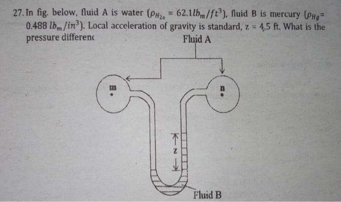 27. In fig. below, fluid A is water (PH, = 62.1lh/ft), fluid B is mercury (PH
0.488 lbm/in'). Local acceleration of gravity is standard, z 4,5 ft. What is the
pressure differenc
=
%3D
Fluid A
Fluid B
