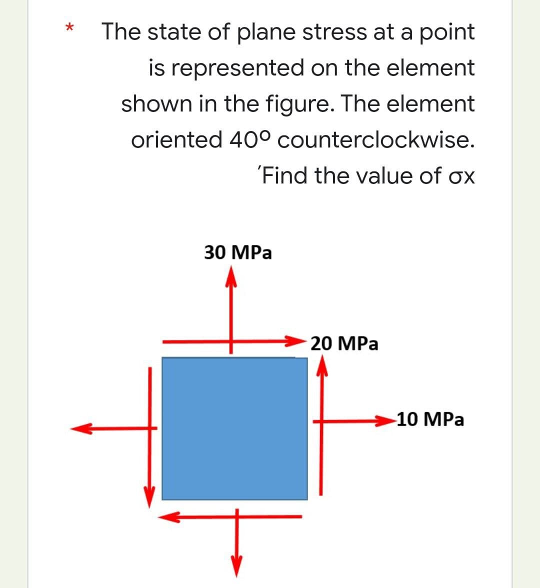 *
The state of plane stress at a point
is represented on the element
shown in the figure. The element
oriented 40° counterclockwise.
'Find the value of ox
30 MPa
20 MPa
-10 MPa