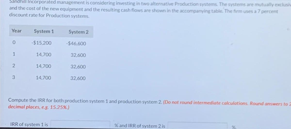 Sandhill Incorporated management is considering investing in two alternative Production systems. The systems are mutually exclusiv
and the cost of the new equipment and the resulting cash flows are shown in the accompanying table. The firm uses a 7 percent
discount rate for Production systems.
Year
0
1
2
System 1
-$15,200
14,700
14,700
14,700
System 2
IRR of system 1 is
-$46,600
32,600
32,600
32,600
Compute the IRR for both production system 1 and production system 2. (Do not round intermediate calculations. Round answers to 2
decimal places, e.g. 15.25%.)
% and IRR of system 2 is