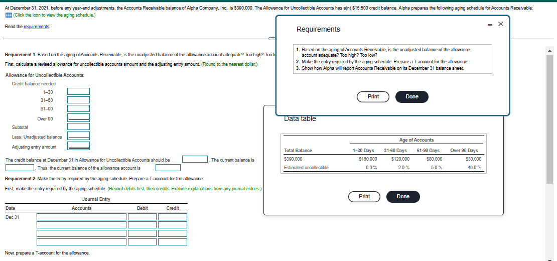 At December 31, 2021, before any year-end adjustments, the Accounts Receivable balance of Alpha Company, Inc., is $390,000. The Allowance for Uncollectible Accounts has a(n) $15,500 credit balance. Alpha prepares the following aging schedule for Accounts Receivable:
(Click the icon to view the aging schedule.)
Read the requirements.
Requirement 1. Based on the aging of Accounts Receivable, is the unadjusted balance of the allowance account adequate? Too high? Too l
First, calculate a revised allowance for uncollectible accounts amount and the adjusting entry amount. (Round to the nearest dollar.)
Allowance for Uncollectible Accounts:
Credit balance needed
1-30
31-60
61-90
Over 90
Subtotal
Less: Unadjusted balance
Adjusting entry amount
The credit balance at December 31 in Allowance for Uncollectible Accounts should be
Thus, the current balance of the allowance account is
Requirement 2. Make the entry required by the aging schedule. Prepare a T-account for the allowance.
First, make the entry required by the aging schedule. (Record debits first, then credits. Exclude explanations from any journal entries.)
Journal Entry
Date
Dec 31
Accounts
Now, prepare a T-account for the allowance.
Debit
The current balance is
Credit
Requirements
1. Based on the aging of Accounts Receivable, is the unadjusted balance of the allowance
account adequate? Too high? Too low?
2. Make the entry required by the aging schedule. Prepare a T-account for the allowance
3. Show how Alpha will report Accounts Receivable on its December 31 balance sheet.
Data table
Total Balance
$390,000
Estimated uncollectible
Print
1-30 Days
$160,000
0.6%
Print
Done
Age of Accounts
61-90 Days
$80,000
5.0%
31-60 Days
$120,000
2.0%
Done
Over 90 Days
$30,000
40.0 %
X