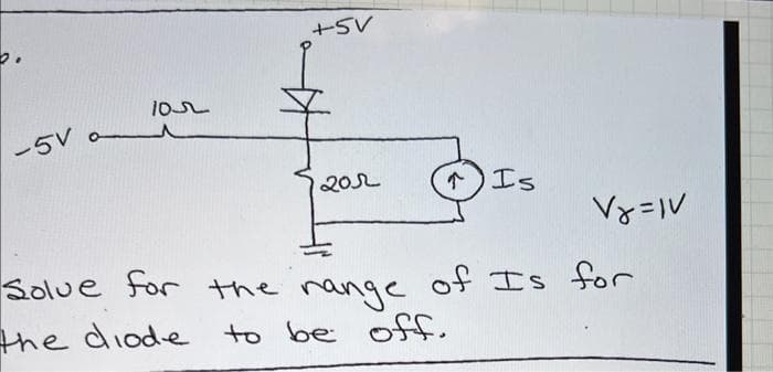 -5V
105
+5V
201
DI
↑
Is
Vy=1V
Solve for the range of Is for
the diode to be off.