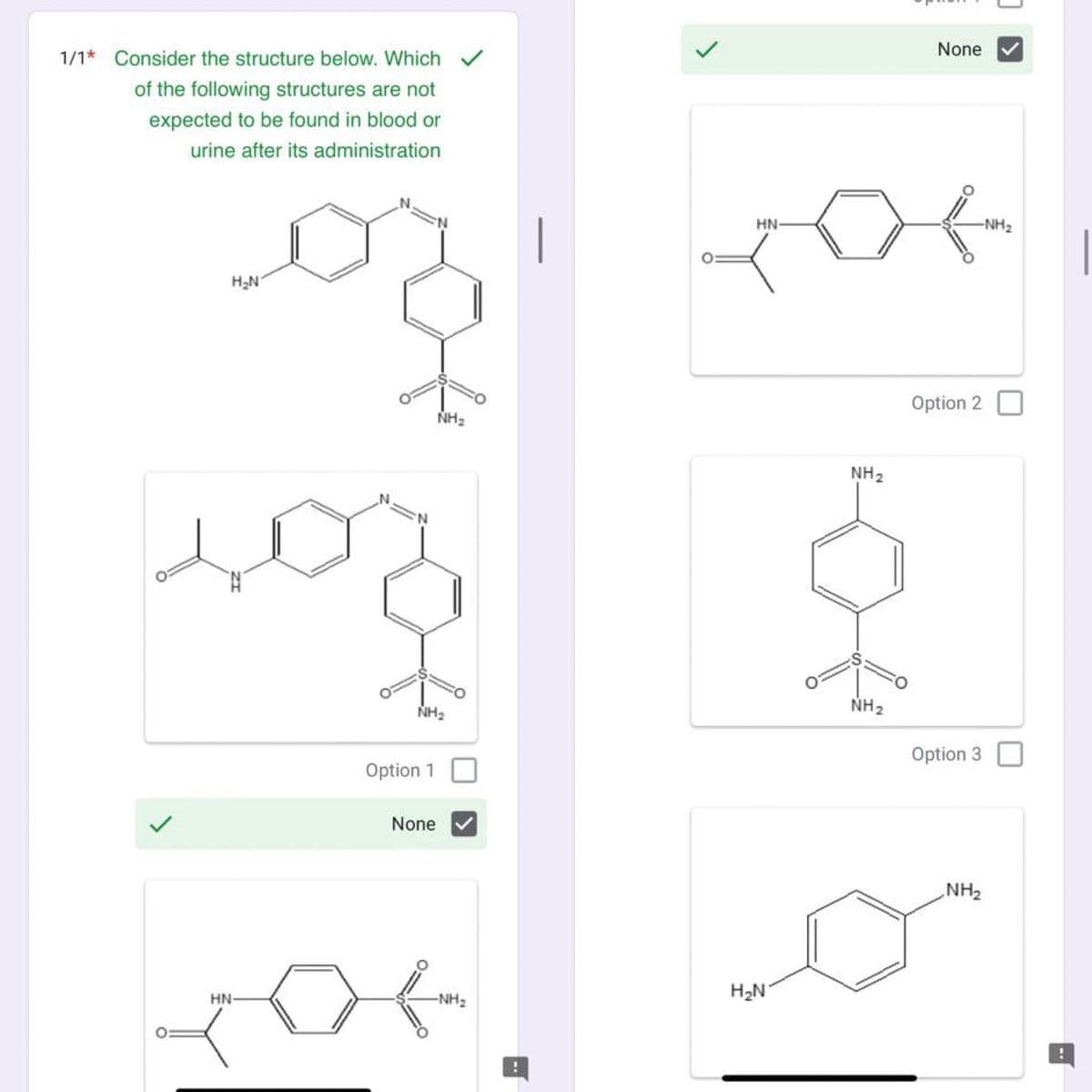 1/1* Consider the structure below. Which
of the following structures are not
expected to be found in blood or
urine after its administration
✓
H₂N
HN-
NH₂
Option 1
NH₂
None
-NH₂
HN
H₂N
NH₂
************
NH₂
None
-NH₂
Option 2
Option 3
0
NH₂