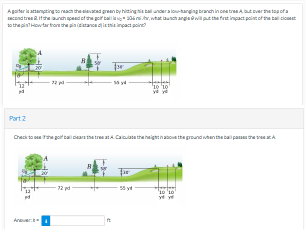 A golfer is attempting to reach the elevated green by hitting his ball under a low-hanging branch in one tree A, but over the top of a
second tree B. If the launch speed of the golf ball is vo= 106 mi/hr, what launch angle will put the first impact point of the ball closest
to the pin? How far from the pin (distance d) is this impact point?
20
12
yd
Part 2
20
20
12
yd
Answer: h=
20₁
72 yd
i
Check to see if the golf ball clears the tree at A. Calculate the height habove the ground when the ball passes the tree at A.
B
72 yd
58
B
58'
30¹
ft
55 yd
30'
10 '10
yd yd
55 yd
10 10
yd yd