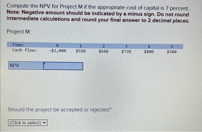 Compute the NPV for Project M if the appropriate cost of capital is 7 percent.
Note: Negative amount should be indicated by a minus sign. Do not round
intermediate calculations and round your final answer to 2 decimal places.
Project M
Time:
Cash flow:
NPV
0
1
-$2,000 $550
2
$680
Should the project be accepted or rejected?
(Click to select)
3
$720
4
$800
5
$300