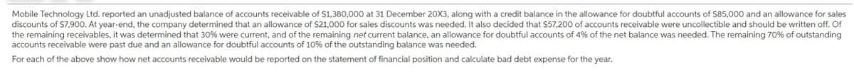 Mobile Technology Ltd. reported an unadjusted balance of accounts receivable of $1,380,000 at 31 December 20X3, along with a credit balance in the allowance for doubtful accounts of $85,000 and an allowance for sales
discounts of $7,900. At year-end, the company determined that an allowance of $21,000 for sales discounts was needed. It also decided that $57,200 of accounts receivable were uncollectible and should be written off. Of
the remaining receivables, it was determined that 30% were current, and of the remaining net current balance, an allowance for doubtful accounts of 4% of the net balance was needed. The remaining 70% of outstanding
accounts receivable were past due and an allowance for doubtful accounts of 10% of the outstanding balance was needed.
For each of the above show how net accounts receivable would be reported on the statement of financial position and calculate bad debt expense for the year.