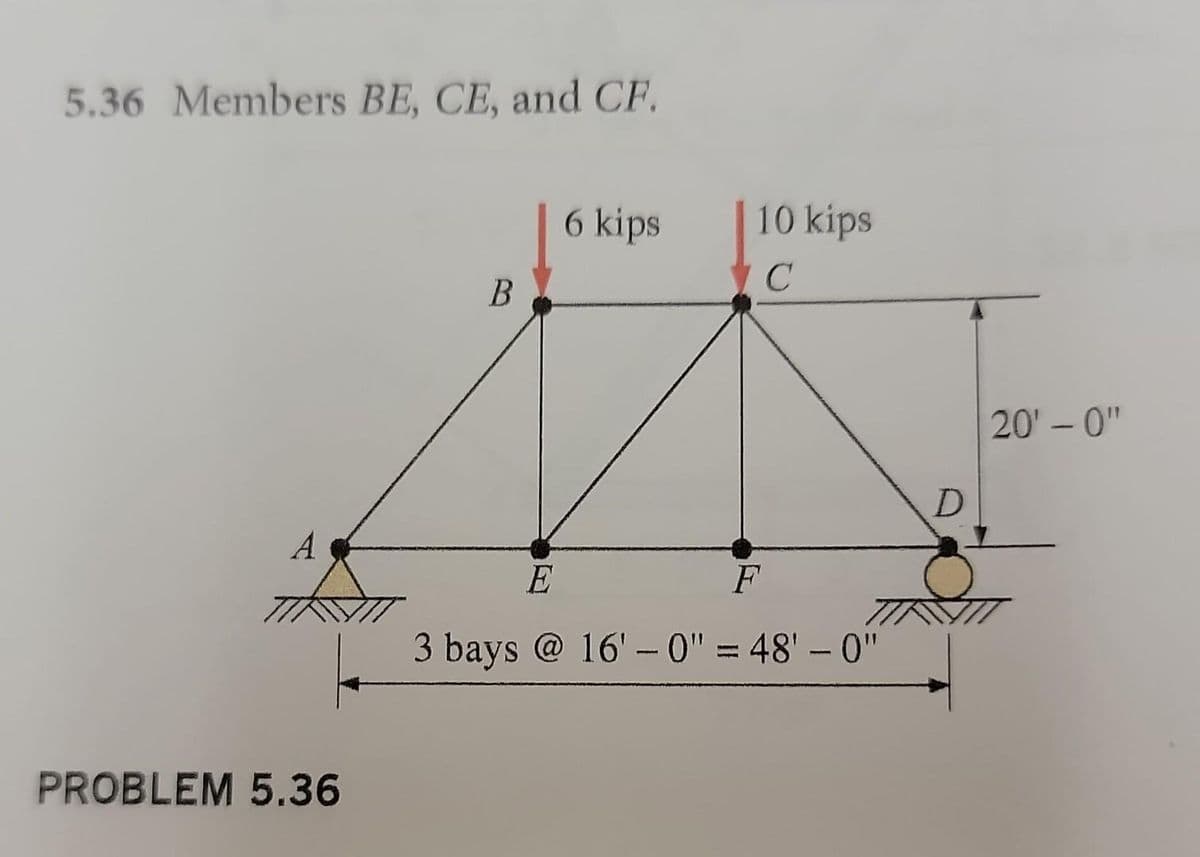 5.36 Members BE, CE, and CF.
A
PROBLEM 5.36
B
6 kips
10 kips
C
E
F
3 bays @ 16'-0" = 48' – 0"
D
20'-0"