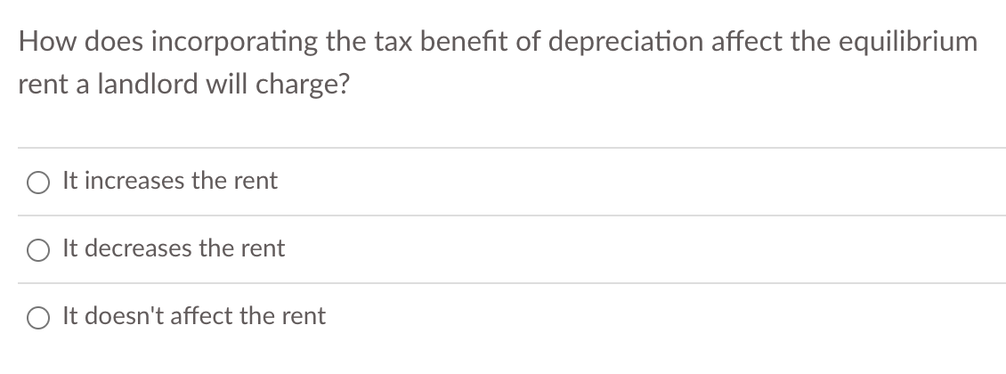 How does incorporating the tax benefit of depreciation affect the equilibrium
rent a landlord will charge?
O It increases the rent
It decreases the rent
O It doesn't affect the rent