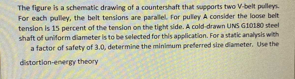 The figure is a schematic drawing of a countershaft that supports two V-belt pulleys.
For each pulley, the belt tensions are parallel. For pulley A consider the loose belt
tension is 15 percent of the tension on the tight side. A cold-drawn UNS G10180 steel
shaft of uniform diameter is to be selected for this application. For a static analysis with
a factor of safety of 3.0, determine the minimum preferred size diameter. Use the
distortion-energy theory
