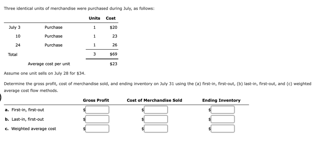 Three identical units of merchandise were purchased during July, as follows:
July 3
10
24
Total
Purchase
Purchase
Purchase
Average cost per unit
Assume one unit sells on July 28 for $34.
Units Cost
a. First-in, first-out
b. Last-in, first-out
c. Weighted average cost
1
1
1
3
$20
23
Determine the gross profit, cost of merchandise sold, and ending inventory on July 31 using the (a) first-in, first-out, (b) last-in, first-out, and (c) weighted
average cost flow methods.
Gross Profit
26
$69
$23
Cost of Merchandise Sold
$
$
$
Ending Inventory
$