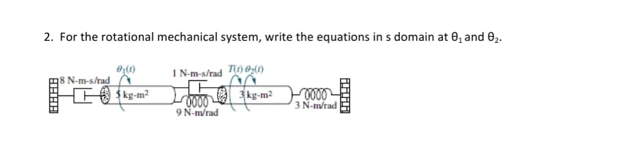 2. For the rotational mechanical system, write the equations in s domain at 0, and 0,.
IN-m-s/rad
TU) 82(1)
8 N-m-s/rad
3 kg-m?
3 kg-m2
0000
9 N-m/rad
3 N-m/rad
