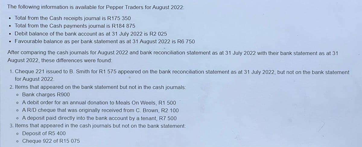 The following information is available for Pepper Traders for August 2022:
• Total from the Cash receipts journal is R175 350
• Total from the Cash payments journal is R184 875
• Debit balance of the bank account as at 31 July 2022 is R2 025
• Favourable balance as per bank statement as at 31 August 2022 is R6 750
After comparing the cash journals for August 2022 and bank reconciliation statement as at 31 July 2022 with their bank statement as at 31
August 2022, these differences were found:
1. Cheque 221 issued to B. Smith for R1 575 appeared on the bank reconciliation statement as at 31 July 2022, but not on the bank statement
for August 2022.
2. Items that appeared on the bank statement but not in the cash journals:
o Bank charges R900
o A debit order for an annual donation to Meals On Weels, R1 500
• A R/D cheque that was originally received from C. Brown, R2 100
• A deposit paid directly into the bank account by a tenant, R7 500
3. Items that appeared in the cash journals but not on the bank statement:
o Deposit of R5 400
o Cheque 922 of R15 075