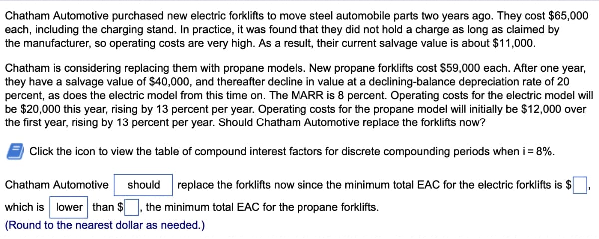 Chatham Automotive purchased new electric forklifts to move steel automobile parts two years ago. They cost $65,000
each, including the charging stand. In practice, it was found that they did not hold a charge as long as claimed by
the manufacturer, so operating costs are very high. As a result, their current salvage value is about $11,000.
Chatham is considering replacing them with propane models. New propane forklifts cost $59,000 each. After one year,
they have a salvage value of $40,000, and thereafter decline in value at a declining-balance depreciation rate of 20
percent, as does the electric model from this time on. The MARR is 8 percent. Operating costs for the electric model will
be $20,000 this year, rising by 13 percent per year. Operating costs for the propane model will initially be $12,000 over
the first year, rising by 13 percent per year. Should Chatham Automotive replace the forklifts now?
Click the icon to view the table of compound interest factors for discrete compounding periods when i = 8%.
Chatham Automotive should replace the forklifts now since the minimum total EAC for the electric forklifts is $
which is lower than $ the minimum total EAC for the propane forklifts.
(Round to the nearest dollar as needed.)