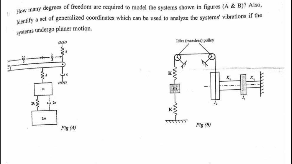 Hoy many degrees of freedom are required to model the systems shown in figures (A & B)? Also,
dentify a set of generalized coordinates which can be used to analyze the systems' vibrations if the
systems undergo planer motion.
Idler (mossless) pulley
K,
2k 3
2e
2m
Fig (A)
Fig (B)
