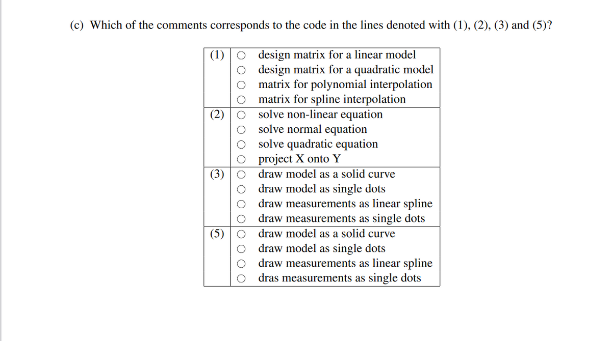 (c) Which of the comments corresponds to the code in the lines denoted with (1), (2), (3) and (5)?
(1)
design matrix for a linear model
design matrix for a quadratic model
matrix for polynomial interpolation
matrix for spline interpolation
(2)
solve non-linear equation
solve normal equation
solve quadratic equation
project X onto Y
(3)
draw model as a solid curve
draw model as single dots
(5)
оо
draw measurements as linear spline
draw measurements as single dots
draw model as a solid curve
draw model as single dots
draw measurements as linear spline
dras measurements as single dots