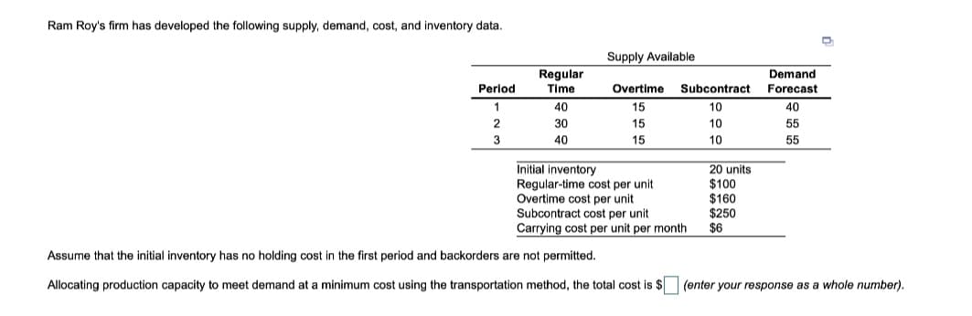 Ram Roy's firm has developed the following supply, demand, cost, and inventory data.
Supply Available
Regular
Demand
Period
Time
Overtime
Subcontract
Forecast
40
15
10
40
30
15
10
55
40
15
10
55
Initial inventory
Regular-time cost per unit
Overtime cost per unit
20 units
$100
$160
$250
$6
Subcontract cost per unit
Carrying cost per unit per month
Assume that the initial inventory has no holding cost in the first period and backorders are not permitted.
Allocating production capacity to meet demand at a minimum cost using the transportation method, the total cost is $
(enter your response as a whole number).
