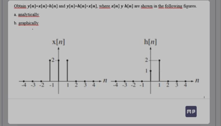 Obtain y[n]=x[n]+h[n] and y[n]=h[n]+ x[n], where x[n] y h[n] are shown in the following figures.
a. analytically
b. graphically
x[n]
-3 -2 -1
12
-4-3-2
h[n]
2
3 4
MP