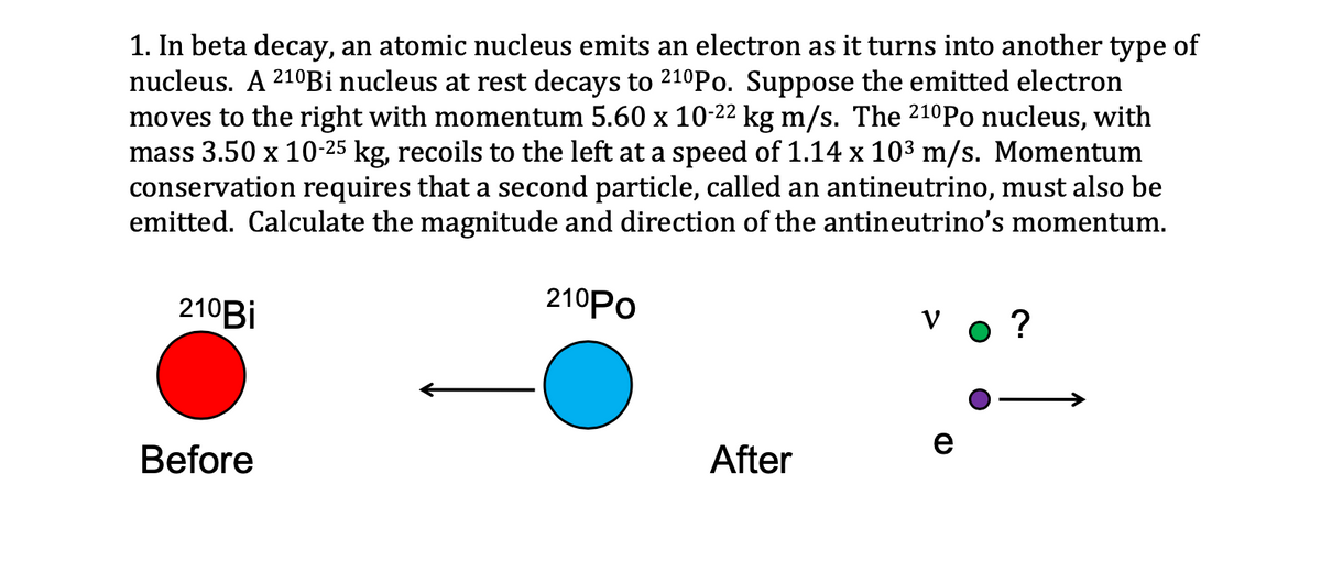 1. In beta decay, an atomic nucleus emits an electron as it turns into another type of
nucleus. A 2¹⁰Bi nucleus at rest decays to 210Po. Suppose the emitted electron
moves to the right with momentum 5.60 x 10-22 kg m/s. The 210Po nucleus, with
mass 3.50 x 10-25 kg, recoils to the left at a speed of 1.14 x 10³ m/s. Momentum
conservation requires that a second particle, called an antineutrino, must also be
emitted. Calculate the magnitude and direction of the antineutrino's momentum.
210PO
210Bi
Before
After
e
?