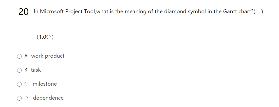 20 In Microsoft Project Tool,what is the meaning of the diamond symbol in the Gantt chart?( )
(1.05)
O A work product
OB task
OC milestone
D dependence
