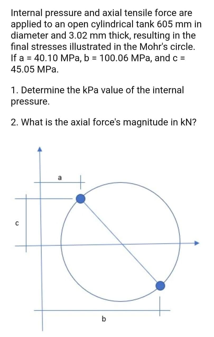 Internal pressure and axial tensile force are
applied to an open cylindrical tank 605 mm in
diameter and 3.02 mm thick, resulting in the
final stresses illustrated in the Mohr's circle.
If a = 40.10 MPa, b = 100.06 MPa, and c =
45.05 MPa.
1. Determine the kPa value of the internal
pressure.
2. What is the axial force's magnitude in kN?
a
b
