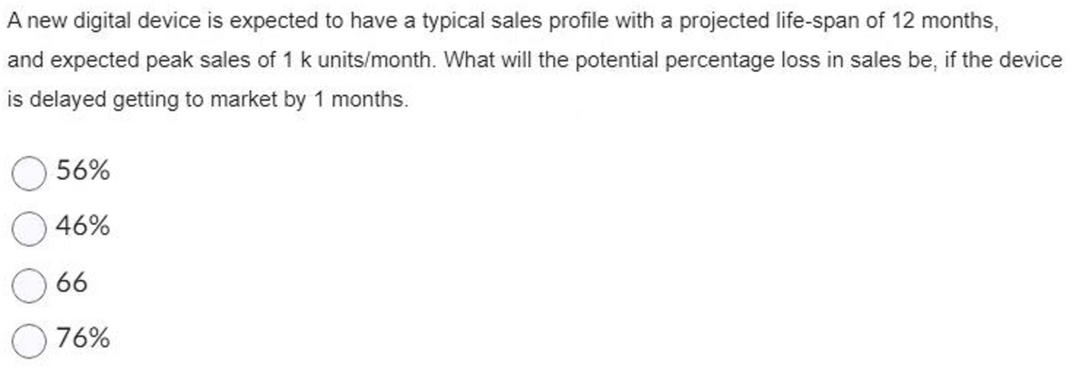 A new digital device is expected to have a typical sales profile with a projected life-span of 12 months,
and expected peak sales of 1 k units/month. What will the potential percentage loss in sales be, if the device
is delayed getting to market by 1 months.
56%
46%
66
76%