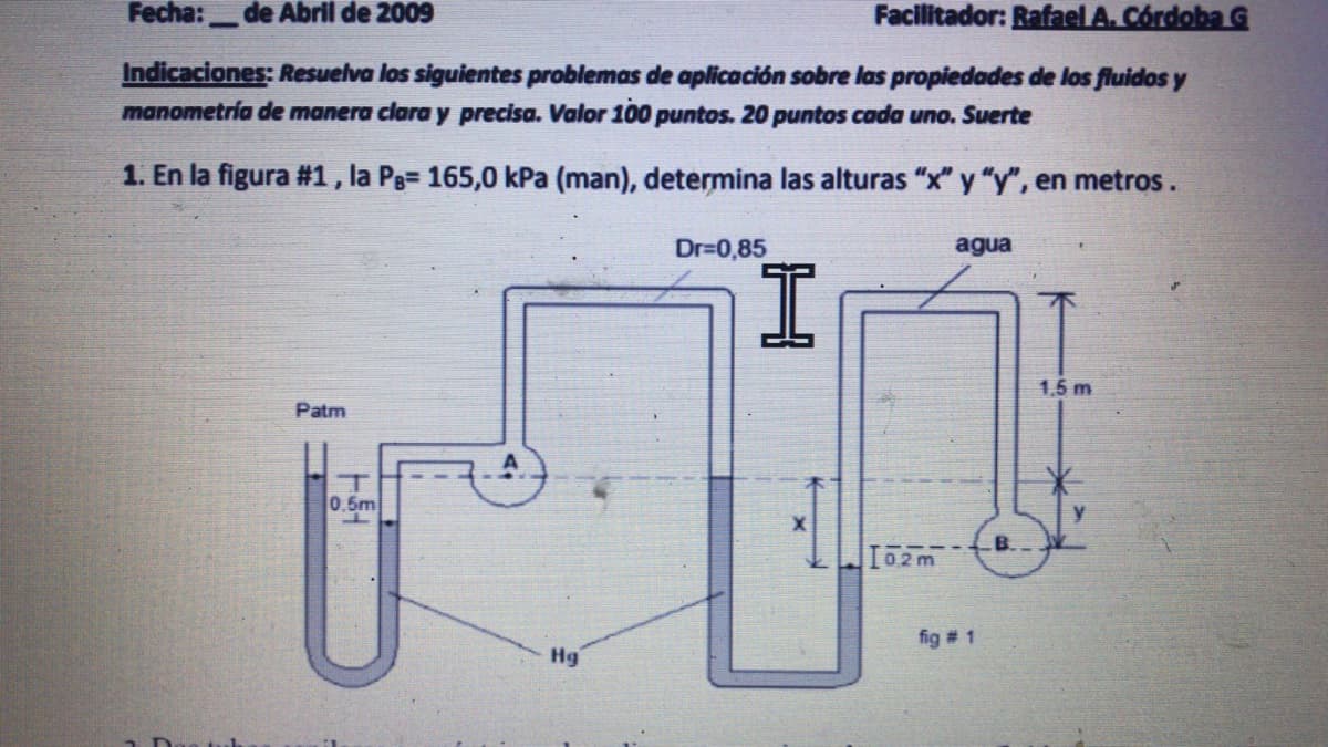 Fecha: de Abril de 2009
Facilitador: Rafael A. Córdoba G
Indicaciones: Resuelva los siguientes problemas de aplicación sobre las propiedades de los fluidos y
manometría de manera clara y precisa. Valor 100 puntos. 20 puntos cada uno. Suerte
1. En la figura # 1, la PB= 165,0 kPa (man), determina las alturas "x" y "y", en metros.
Dr=0,85
agua
I
Patm
194
0.5m
Hg
102m
fig # 1
1,5 m
