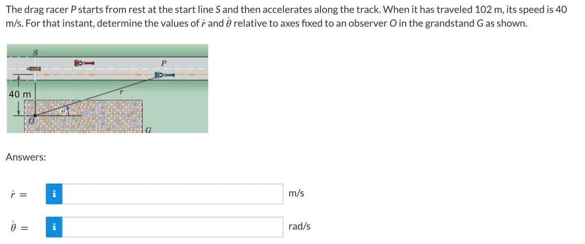 The drag racer P starts from rest at the start line S and then accelerates along the track. When it has traveled 102 m, its speed is 40
m/s. For that instant, determine the values of r and relative to axes fixed to an observer O in the grandstand G as shown.
40 m
Answers:
i
i
HOO
m/s
rad/s