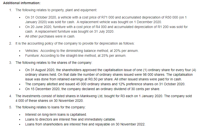 Additional information:
1. The following relates to property, plant and equipment:
• On 31 October 2020, a vehicle with a cost price of R71 000 and accumulated depreciation of R50 000 (on 1
January 2020) was sold for cash. A replacement vehicle was bought on 1 December 2020.
On 20 June 2020, furniture with a cost price of R4 000 and accumulated depreciation of R1 200 was sold for
cash. A replacement furniture was bought on 31 July 2020.
All other purchases were in cash.
2. It is the accounting policy of the company to provide for depreciation as follows:
Vehicles: According to the diminishing balance method, at 20% per annum.
• Furniture: According to the straight-line method, at 25% per annum.
3. The following relates to the shares of the company:
On 31 August 2020, the shareholders approved the capitalisation issue of one (1) ordinary share for every four (4)
ordinary shares held. On that date the number of ordinary shares issued were 98 000 shares. The capitalisation
issue was done from retained earnings at R0,50 per share. All other issued shares were paid for in cash.
• The company allotted and issued 45 000 ordinary shares and 12% preference shares on 31 October 2020.
• On 15 December 2020, the company declared an ordinary dividend of 30 cents per share.
4. The investments consist of listed shares in Mankweng Ltd, bought for R3 each on 1 January 2020. The company sold
4 000 of these shares on 30 November 2020.
5. The following relates to loans for the company:
Interest on long-term loans is capitalised.
Loans to directors are interest free and immediately callable.
Loans from shareholders are interest free and repayable on 30 November 2022.
