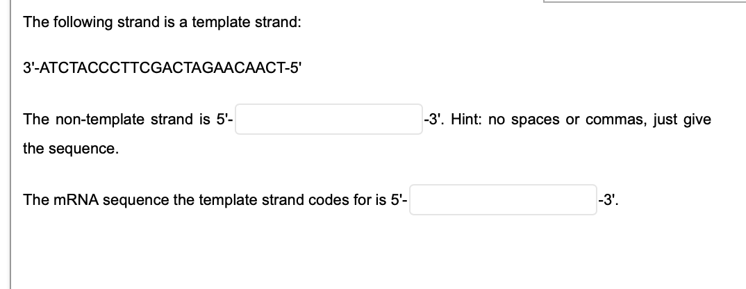 The following strand is a template strand:
3-АТСТАСССТТCGACTAGAАСААСТ-5'
The non-template strand is 5'-
-3'. Hint: no spaces or commas, just give
the sequence.
The mRNA sequence the template strand codes for is 5'-
-3'.
