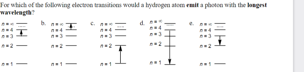 For which of the following electron transitions would a hydrogen atom emit a photon with the longest
wavelength?
n = ∞
b.
n = 4
n=8
n = 4
c. n = 8
d.
n=∞
e.
n = 4
n = 4
n = ∞
n = 3
n = 4
n = 3
n = 3
n = 3
n = 3
n = 2
n = 2
n = 2
n = 2
n = 2
|||
.....
H
n=1
n = 1
-
n = 1
n = 1
n = 1
-