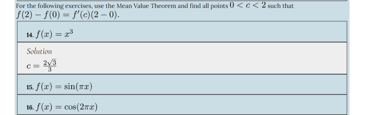 For the following exercises, use the Mean Value Theorem and find all points 0 < c < 2 such that
ƒ(2) — ƒ(0) = f'(c)(2 — 0).
14. f(x) = x³
Solution
C = 2√3
15. f(x) = sin(x)
16. f(x) = cos(2πx)