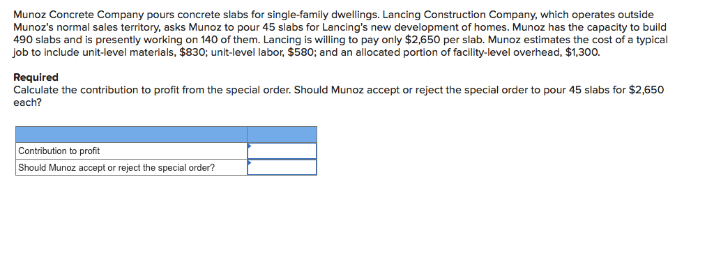 Munoz Concrete Company pours concrete slabs for single-family dwellings. Lancing Construction Company, which operates outside
Munoz's normal sales territory, asks Munoz to pour 45 slabs for Lancing's new development of homes. Munoz has the capacity to build
490 slabs and is presently working on 140 of them. Lancing is willing to pay only $2,650 per slab. Munoz estimates the cost of a typical
job to include unit-level materials, $830; unit-level labor, $580; and an allocated portion of facility-level overhead, $1,30o.
Required
Calculate the contribution to profit from the special order. Should Munoz accept or reject the special order to pour 45 slabs for $2,650
each?
Contribution to profit
Should Munoz accept or reject the special order?

