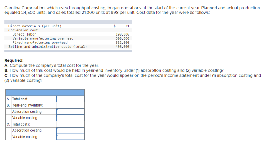 Carolina Corporation, which uses throughput costing, began operations at the start of the current year. Planned and actual production
equaled 24,500 units, and sales totaled 21,000 units at $98 per unit. Cost data for the year were as follows:
Direct materials (per unit)
Conversion cost:
Direct labor
Variable manufacturing overhead
Fixed manufacturing overhead
Selling and administrative costs (total)
A. Total cost
B. Year-end inventory:
Absorption costing
Variable costing
C. Total costs:
$
Absorption costing
Variable costing
21
Required:
A. Compute the company's total cost for the year.
B. How much of this cost would be held in year-end Inventory under (1) absorption costing and (2) variable costing?
C. How much of the company's total cost for the year would appear on the period's income statement under (1) absorption costing and
(2) variable costing?
190,000
300,000
392,000
436,000