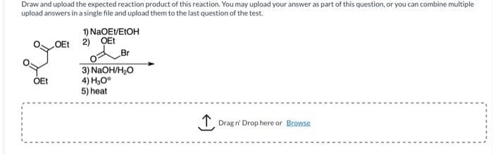 Draw and upload the expected reaction product of this reaction. You may upload your answer as part of this question, or you can combine multiple
upload answers in a single file and upload them to the last question of the test.
OEt
NaOEI/EtOH
1)
LOEt 2) OEt
3) NaOH/H₂O
4) HO
5) heat
Drag n' Drop here or Browse