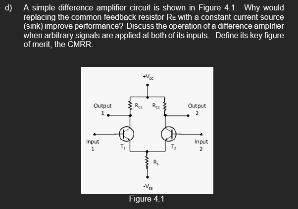 d) A simple difference amplifier circuit is shown in Figure 4.1. Why would
replacing the common feedback resistor RE with a constant current source
(sink) improve performance? Discuss the operation of a difference amplifier
when arbitrary signals are applied at both of its inputs. Define its key figure
of merit, the CMRR.
Output
1,
Input
1
Raz
Raz
-VEE
Figure 4.1
Output
2
Input
2