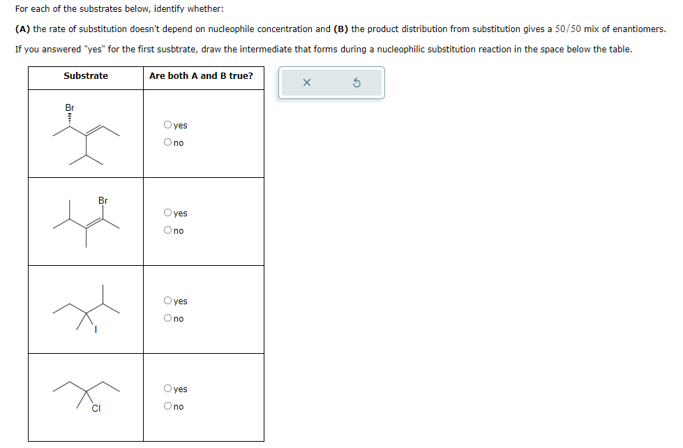 For each of the substrates below, identify whether:
(A) the rate of substitution doesn't depend on nucleophile concentration and (B) the product distribution from substitution gives a 50/50 mix of enantiomers.
If you answered "yes" for the first susbtrate, draw the intermediate that forms during a nucleophilic substitution reaction in the space below the table.
Substrate
Are both A and B true?
Br
yes
Опо
Br
Oyes
Опо
Oyes
no
yes
Ono