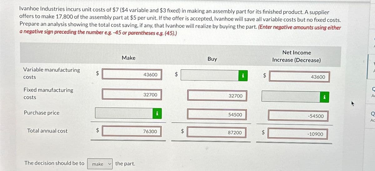 Ivanhoe Industries incurs unit costs of $7 ($4 variable and $3 fixed) in making an assembly part for its finished product. A supplier
offers to make 17,800 of the assembly part at $5 per unit. If the offer is accepted, Ivanhoe will save all variable costs but no fixed costs.
Prepare an analysis showing the total cost saving, if any, that Ivanhoe will realize by buying the part. (Enter negative amounts using either
a negative sign preceding the number e.g. -45 or parentheses e.g. (45).)
Variable manufacturing
costs
Fixed manufacturing
costs
Purchase price
Total annual cost
The decision should be to
$
$
make
Make
the part.
43600
32700
i
76300
$
$
Buy
i
32700
54500
87200
$
Net Income
Increase (Decrease)
43600
i
-54500
-10900
V
A
C
Ac
Q
Ac