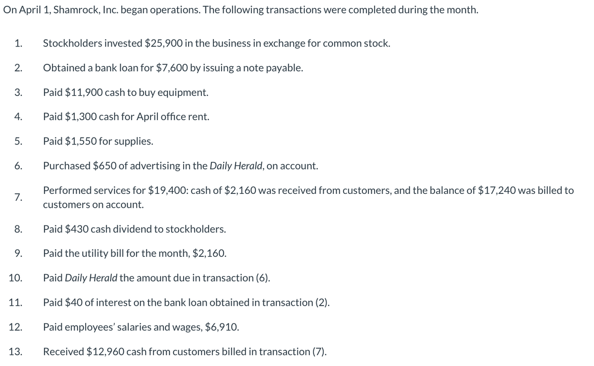 On April 1, Shamrock, Inc. began operations. The following transactions were completed during the month.
1. Stockholders invested $25,900 in the business in exchange for common stock.
Obtained a bank loan for $7,600 by issuing a note payable.
Paid $11,900 cash to buy equipment.
Paid $1,300 cash for April office rent.
Paid $1,550 for supplies.
Purchased $650 of advertising in the Daily Herald, on account.
Performed services for $19,400: cash of $2,160 was received from customers, and the balance of $17,240 was billed to
customers on account.
2.
3.
4.
5.
6.
7.
8.
9.
10.
11.
12.
13.
Paid $430 cash dividend to stockholders.
Paid the utility bill for the month, $2,160.
Paid Daily Herald the amount due in transaction (6).
Paid $40 of interest on the bank loan obtained in transaction (2).
Paid employees' salaries and wages, $6,910.
Received $12,960 cash from customers billed in transaction (7).