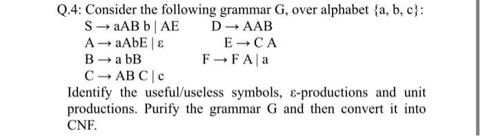 Q.4: Consider the following grammar G, over alphabet {a,b,c}:
SaAB b | AE
D→ AAB
A → aAbE | &
B→ a bB
C→ ABC | C
F→ FA a
Identify the useful/useless symbols, &-productions and unit
productions. Purify the grammar G and then convert it into
CNF.
E CA