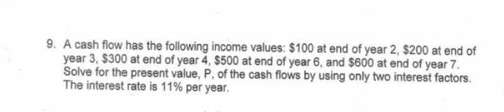 9. A cash flow has the following income values: $100 at end of year 2, $200 at end of
year 3, $300 at end of year 4, $500 at end of year 6, and $600 at end of year 7.
Solve for the present value, P, of the cash flows by using only two interest factors.
The interest rate is 11% per year.