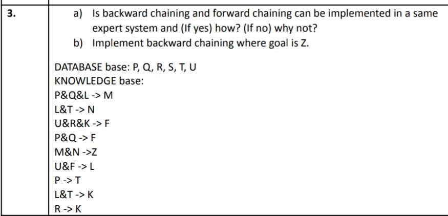 Is backward chaining and forward chaining can be implemented in a same
expert system and (If yes) how? (If no) why not?
b) Implement backward chaining where goal is Z.
3.
a)
DATABASE base: P, Q, R, S, T, U
KNOWLEDGE base:
P&Q&L -> M
L&T -> N
U&R&K -> F
P&Q -> F
M&N ->Z
U&F ->L
P -> T
L&T -> K
R -> K
