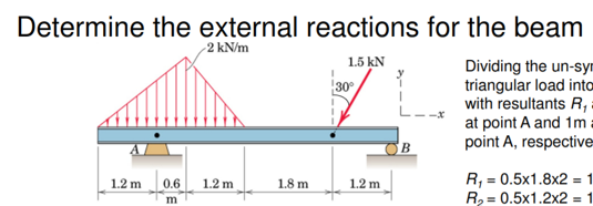 Determine the external reactions for the beam
2 kN/m
1.5 kN
Dividing the un-sym
triangular load inta
with resultants R₁
at point A and 1ma
point A, respective
1.2 m
R₁ = 0.5x1.8x2= 1
R₂ = 0.5x1.2x2 = 1
0.6
m
1.2 m
1.8 m
30°
1.2 m
B