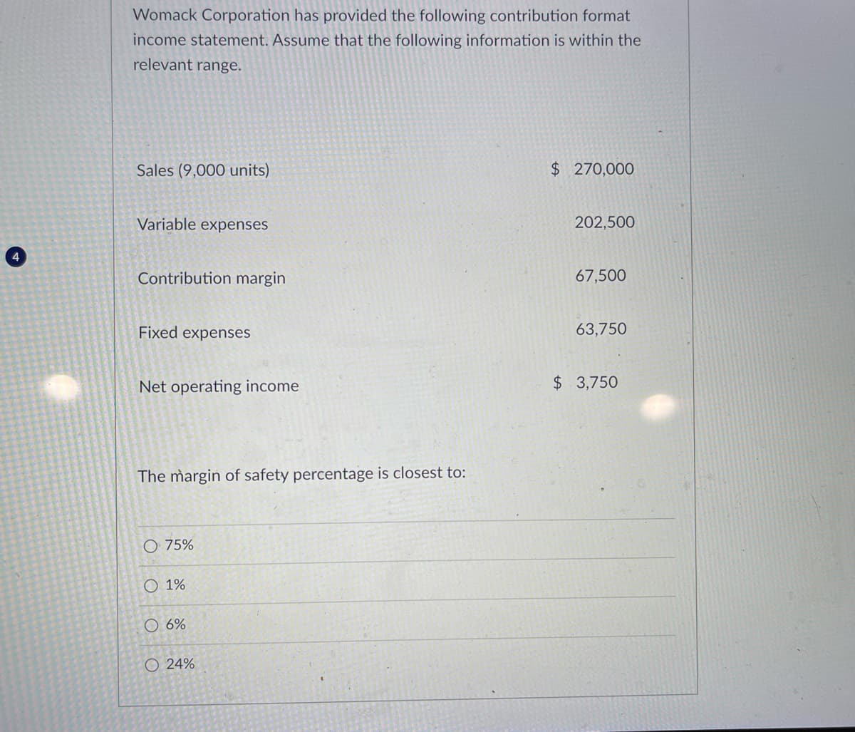 4
Womack Corporation has provided the following contribution format
income statement. Assume that the following information is within the
relevant range.
Sales (9,000 units)
Variable expenses
Contribution margin
Fixed expenses
Net operating income
The margin of safety percentage is closest to:
O 75%
1%
O 6%
O 24%
$ 270,000
202,500
67,500
63,750
$3,750