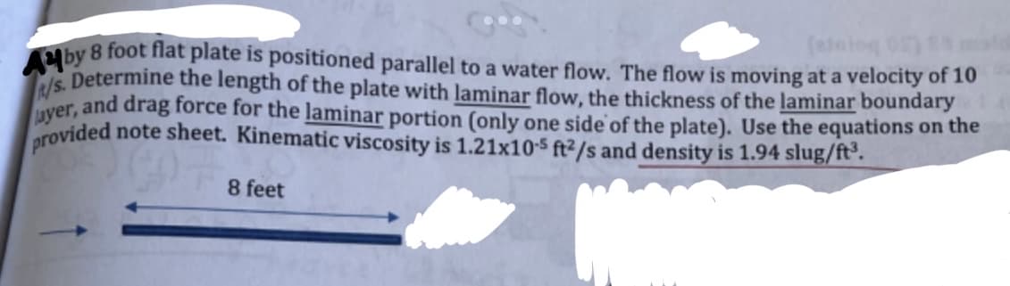 (alelog 05) Eld
by 8 foot flat plate is positioned parallel to a water flow. The flow is moving at a velocity of 10
/s. Determine the length of the plate with laminar flow, the thickness of the laminar boundary
layer, and drag force for the laminar portion (only one side of the plate). Use the equations on the
provided note sheet. Kinematic viscosity is 1.21x105 ft2/s and density is 1.94 slug/ft³.
8 feet