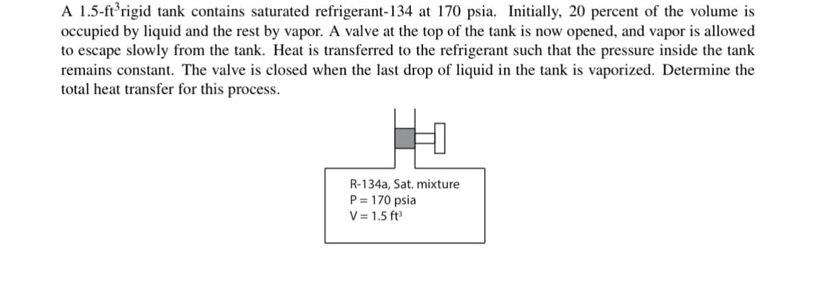 A 1.5-ft³rigid tank contains saturated refrigerant-134 at 170 psia. Initially, 20 percent of the volume is
occupied by liquid and the rest by vapor. A valve at the top of the tank is now opened, and vapor is allowed
to escape slowly from the tank. Heat is transferred to the refrigerant such that the pressure inside the tank
remains constant. The valve is closed when the last drop of liquid in the tank is vaporized. Determine the
total heat transfer for this process.
R-134a, Sat. mixture
P = 170 psia
V = 1.5 ft³