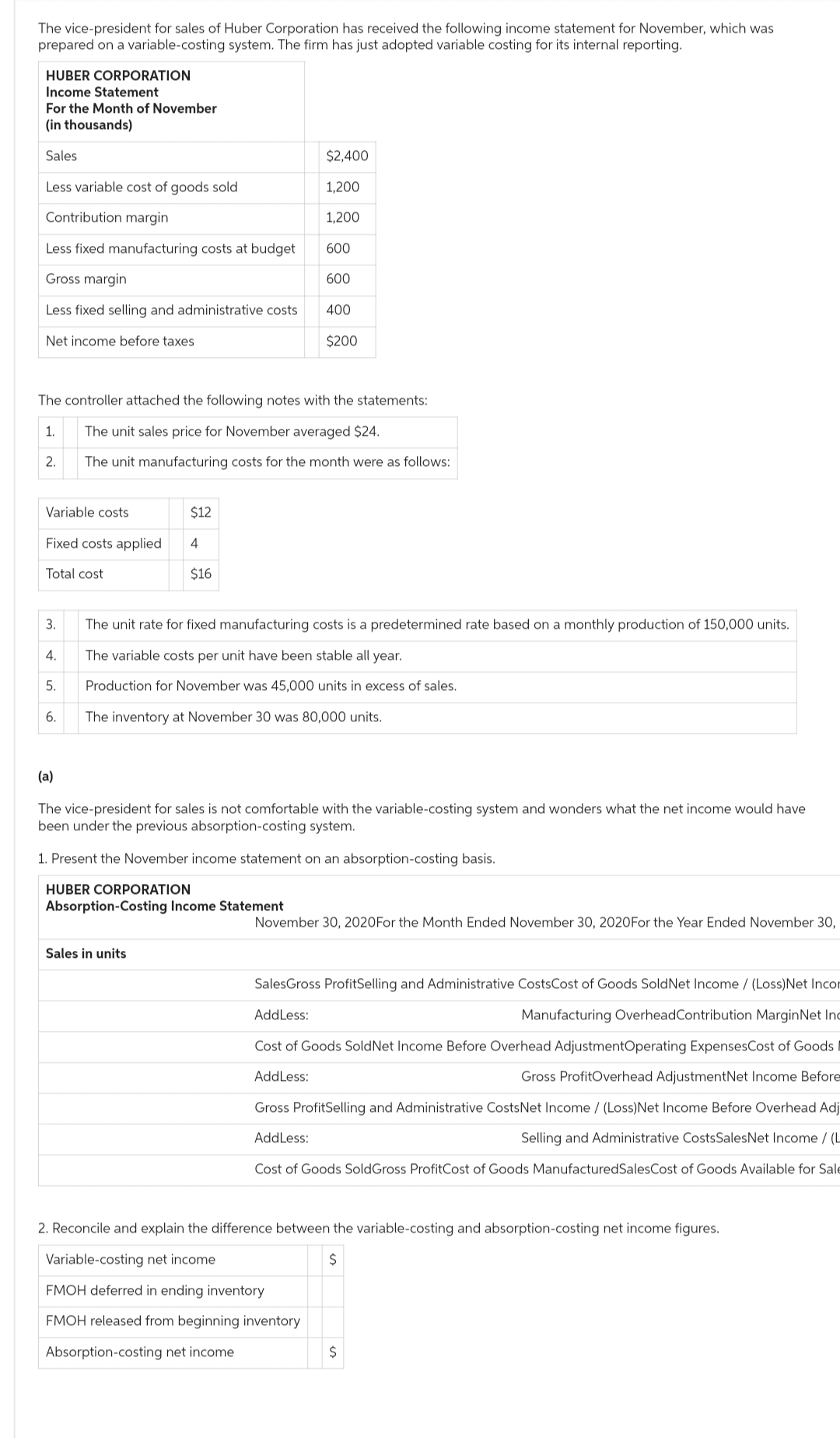 The vice-president for sales of Huber Corporation has received the following income statement for November, which was
prepared on a variable-costing system. The firm has just adopted variable costing for its internal reporting.
HUBER CORPORATION
Income Statement
For the Month of November
(in thousands)
Sales
$2,400
Less variable cost of goods sold
1,200
Contribution margin
1,200
Less fixed manufacturing costs at budget
600
Gross margin
600
Less fixed selling and administrative costs
400
Net income before taxes
$200
The controller attached the following notes with the statements:
1.
The unit sales price for November averaged $24.
2.
The unit manufacturing costs for the month were as follows:
Variable costs
Fixed costs applied
Total cost
$12
4
$16
The unit rate for fixed manufacturing costs is a predetermined rate based on a monthly production of 150,000 units.
3.
4.
The variable costs per unit have been stable all year.
5.
Production for November was 45,000 units in excess of sales.
6.
The inventory at November 30 was 80,000 units.
(a)
The vice-president for sales is not comfortable with the variable-costing system and wonders what the net income would have
been under the previous absorption-costing system.
1. Present the November income statement on an absorption-costing basis.
HUBER CORPORATION
Absorption-Costing Income Statement
Sales in units
November 30, 2020 For the Month Ended November 30, 2020For the Year Ended November 30,
SalesGross ProfitSelling and Administrative CostsCost of Goods SoldNet Income / (Loss) Net Inco
AddLess:
Manufacturing Overhead Contribution Margin Net Ind
Cost of Goods Sold Net Income Before Overhead AdjustmentOperating ExpensesCost of Goods I
AddLess:
Gross ProfitOverhead AdjustmentNet Income Before
Gross ProfitSelling and Administrative CostsNet Income / (Loss) Net Income Before Overhead Adj
AddLess:
Selling and Administrative Costs Sales Net Income / (L
Cost of Goods SoldGross Profit Cost of Goods Manufactured SalesCost of Goods Available for Sale
2. Reconcile and explain the difference between the variable-costing and absorption-costing net income figures.
Variable-costing net income
FMOH deferred in ending inventory
FMOH released from beginning inventory
Absorption-costing net income
$
$