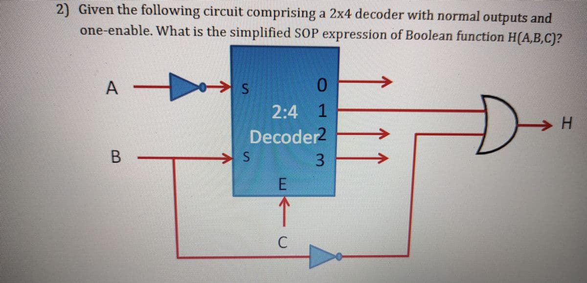 2) Given the following circuit comprising a 2x4 decoder with normal outputs and
one-enable. What is the simplified SOP expression of Boolean function H(A,B,C)?
A
2:4 1
Decoder2
B
E
C.
3.
S.
