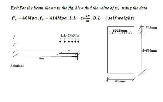 Ex4:For the beam shown in the fig. blew find the value of (y) ,using the data
kN
f'. = 40Mpa.fy = 414Mpa , L. L= 24,D.L = ( self weight)
57.5mm
lo 5025mm
LL=24KN/m
d=500mım
6m
Solution:
300mın
