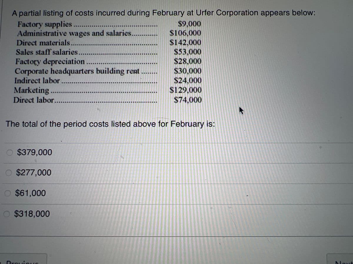 A partial listing of costs incurred during February at Urfer Corporation appears below:
Factory supplies......
$9,000
Administrative wages and salaries....
Direct materials.......
Sales staff salaries
Factory depreciation..........
Corporate headquarters building rent
Indirect labor ........
Marketing...
Direct labor......
O $379,000
O $277,000
O $61,000
O $318,000
C
Previous
GEORHIGHWA
permane
HON
D
O
DELICIO
FEINHE
avere
Junien
C
The total of the period costs listed above for February is:
CONTA
F
A
$106.000
$142.000
$53,000
$28.000
$30.000
$24.000
$129,000
$74,000
Next