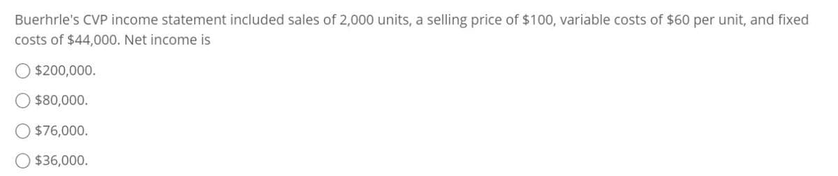 Buerhrle's CVP income statement included sales of 2,000 units, a selling price of $100, variable costs of $60 per unit, and fixed
costs of $44,000. Net income is
$200,000.
$80,000.
$76,000.
$36,000.